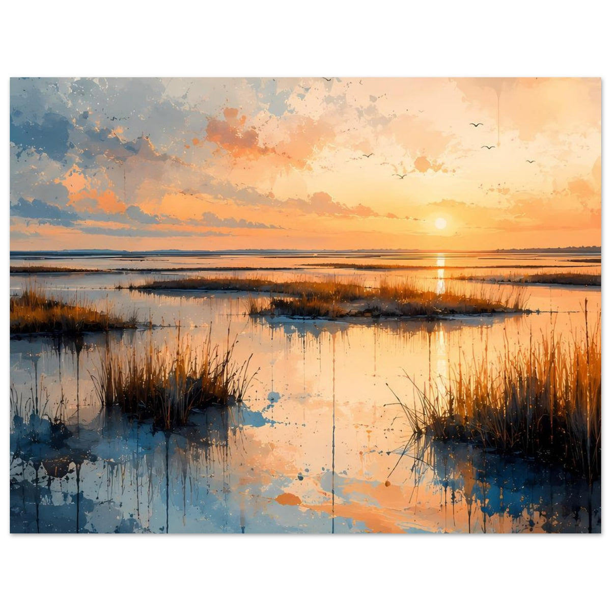 Wandposter Sonnenuntergang über stiller Küste, Wasserfläche mit Spiegelbild und Schilfrand.