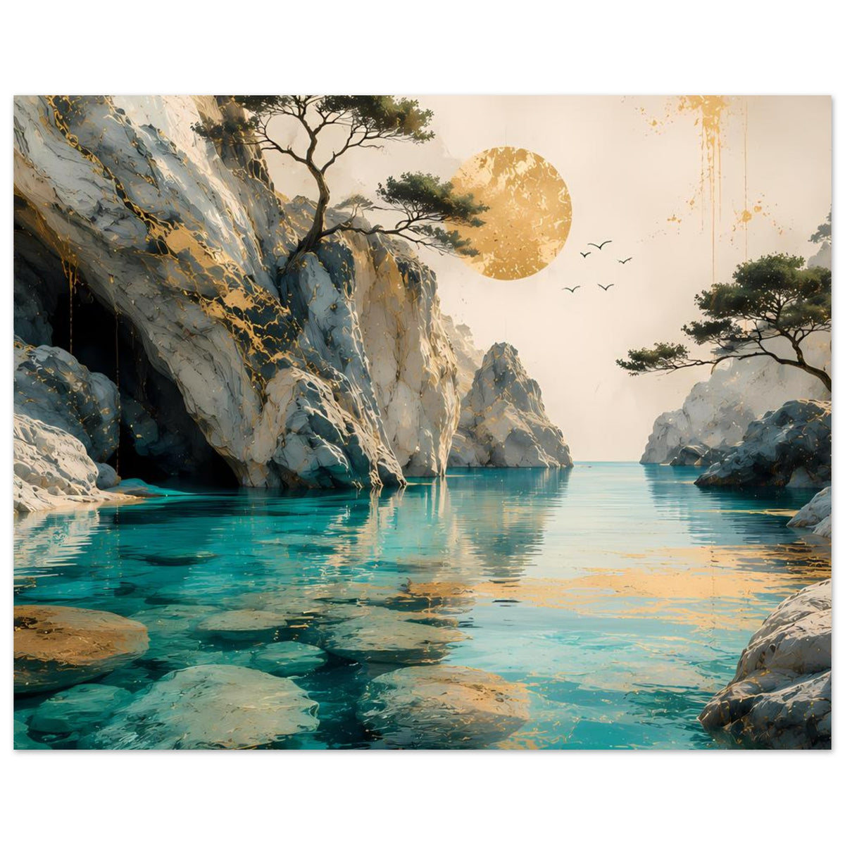 Landschaftsposter (horizontal) mit Felskanal, reflektierendem Wasser, Baum am Ufer und Sonne