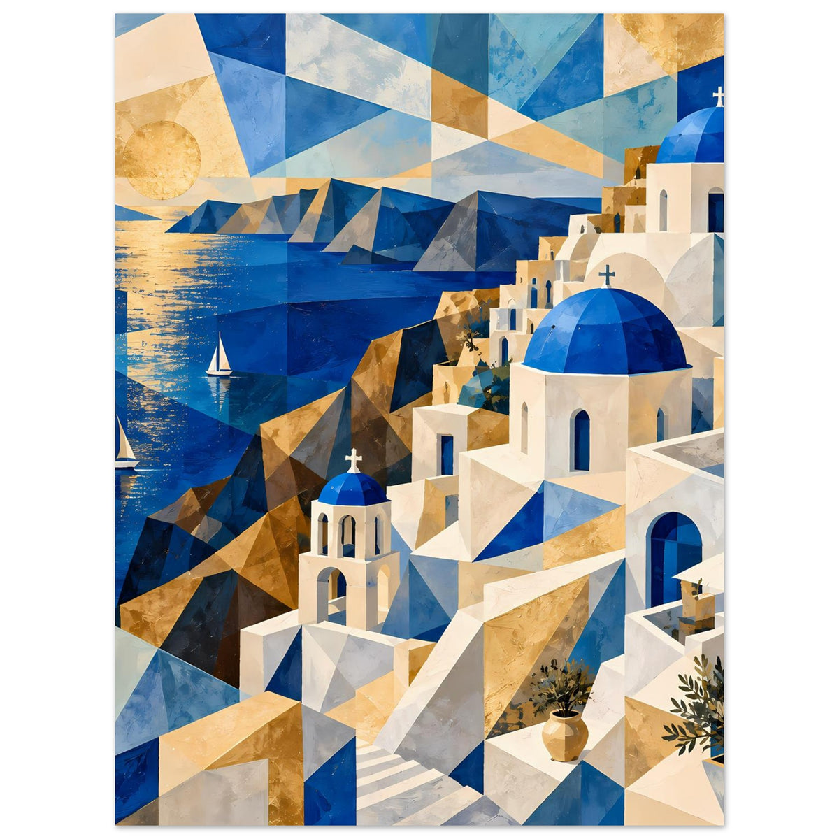 Geometrisches Poster: griechische Architektur mit blauen Kuppeln, weißem Mauerwerk und Segelbooten