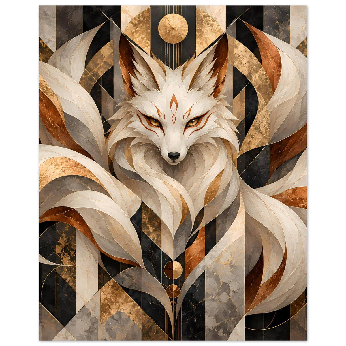 Geometrisches Poster mit Fuchs-Motiv in Erdtönen und Gold, Vollansicht mit goldener Kreissymbolik oben