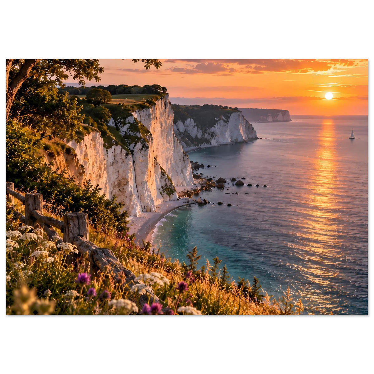 Horizontales Poster mit Kreidefelsen, Blumenwiese am Hang und Meer bei Sonnenuntergang