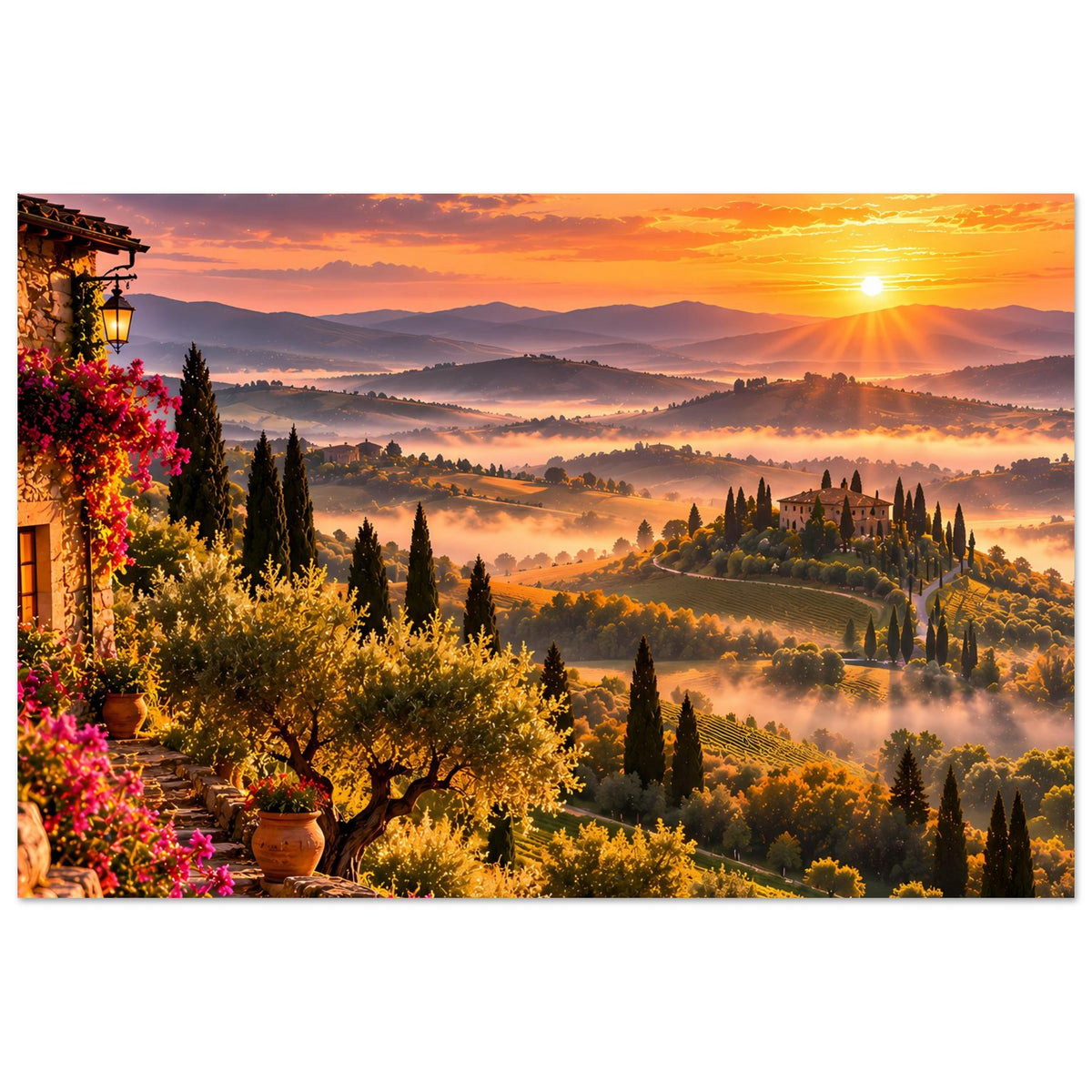 Wandposter mit Sonnenuntergang über toskanischen Hügeln, Olivenbäume, Zypressen und Blumen