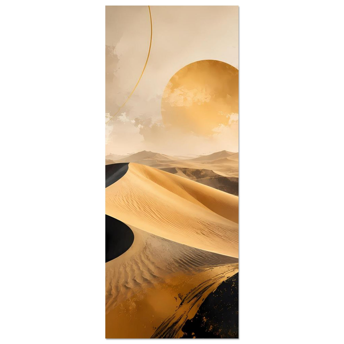 Wüstenposter im Hochformat, goldene Sanddünen und schwarze Fläche mit großer Sonnenscheibe