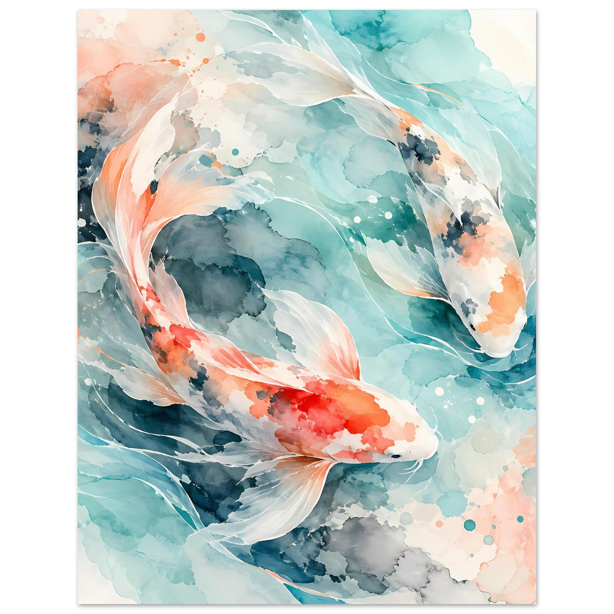 Poster mit Aquarell-Koi-Fischpaar, Nahansicht der Schwänze in Türkis und Lachs
