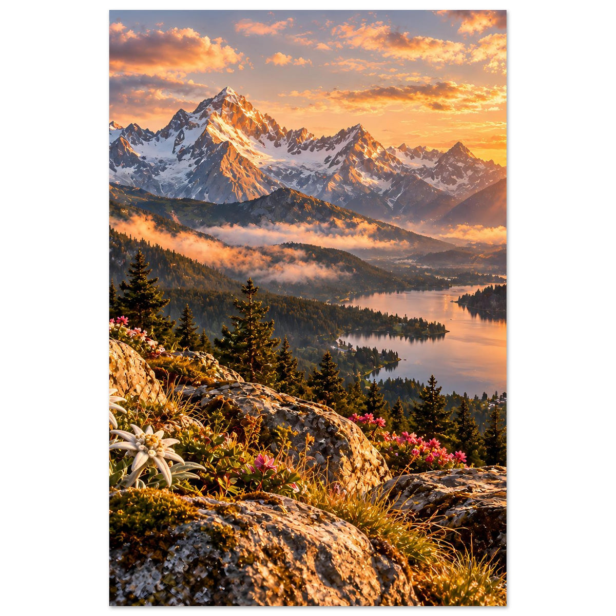 Hochformat-Landschaftsposter mit Bergspitzen, Nebel über dem See und Felsgräsern