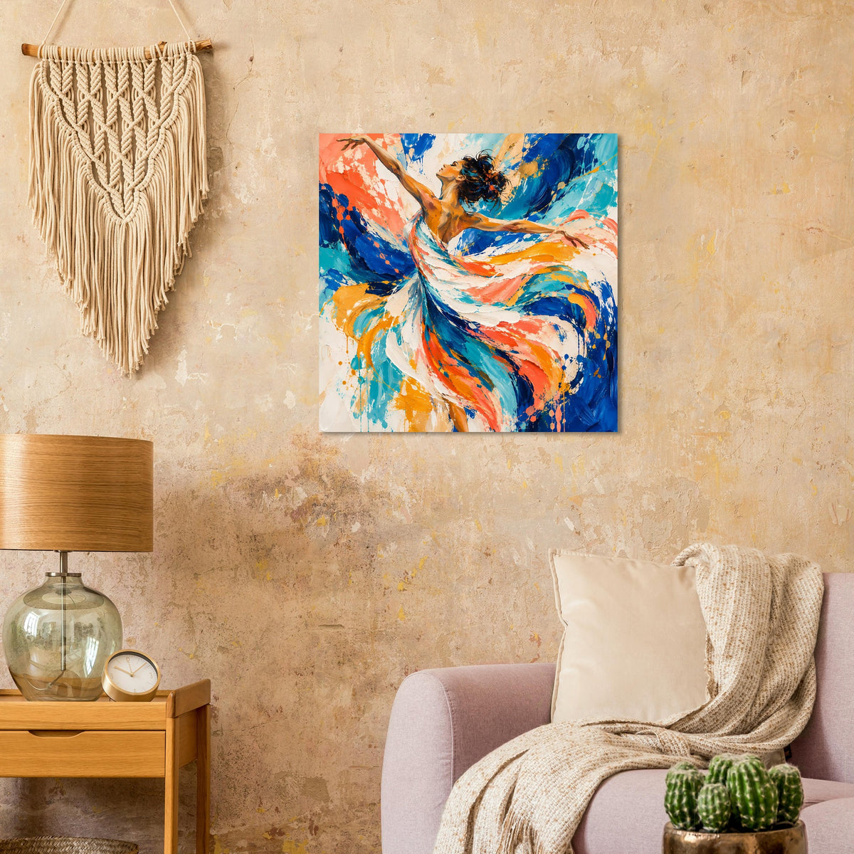Quadratisches Kunstposter mit abstrakter Bewegung in Blau, Orange und Weiß, mit weißem Rand