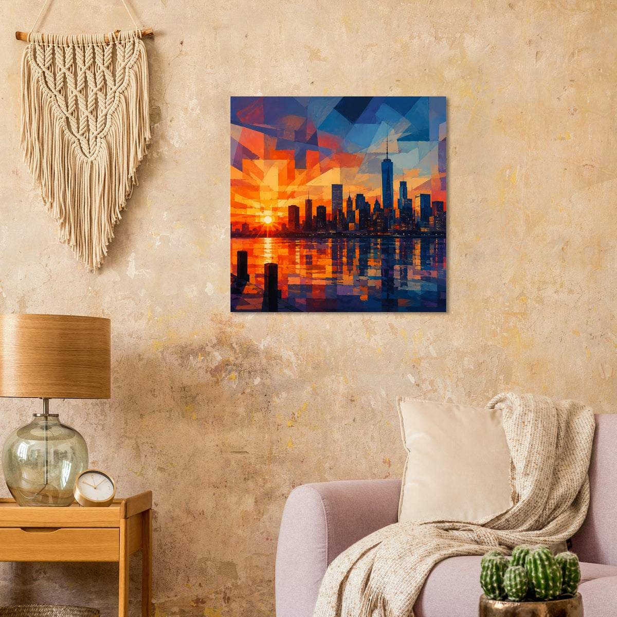 Quadratisches Poster mit geometrischer City-Szene, leuchtender Sonne über der Skyline.