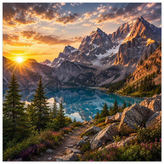 Poster mit Bergsee und Felsbergen bei Sonnenaufgang, mit Wald und Weg im Vordergrund