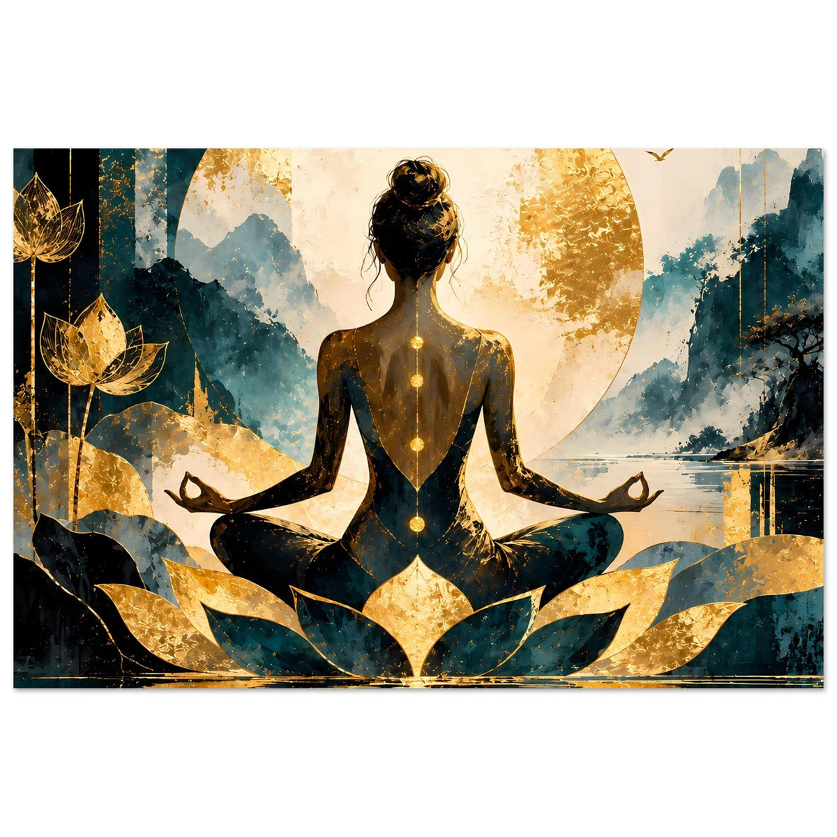 Meditierendes Lotus-Poster mit Frau im Lotussitz vor goldener Scheibe und blauer Flamme