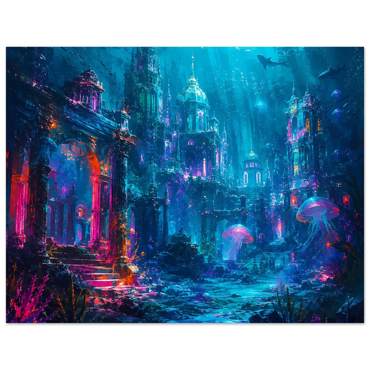 Unterwasserposter im Querformat mit versunkener Stadt, Fischen und leuchtenden Quallen