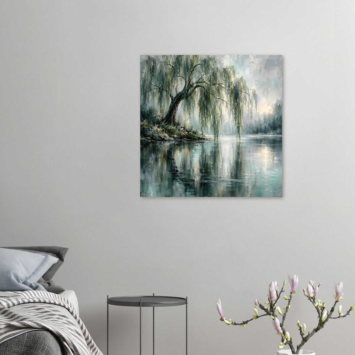 Quadratisches Poster: neblige See-Landschaft mit Trauerweiden und spiegelndem Wasser