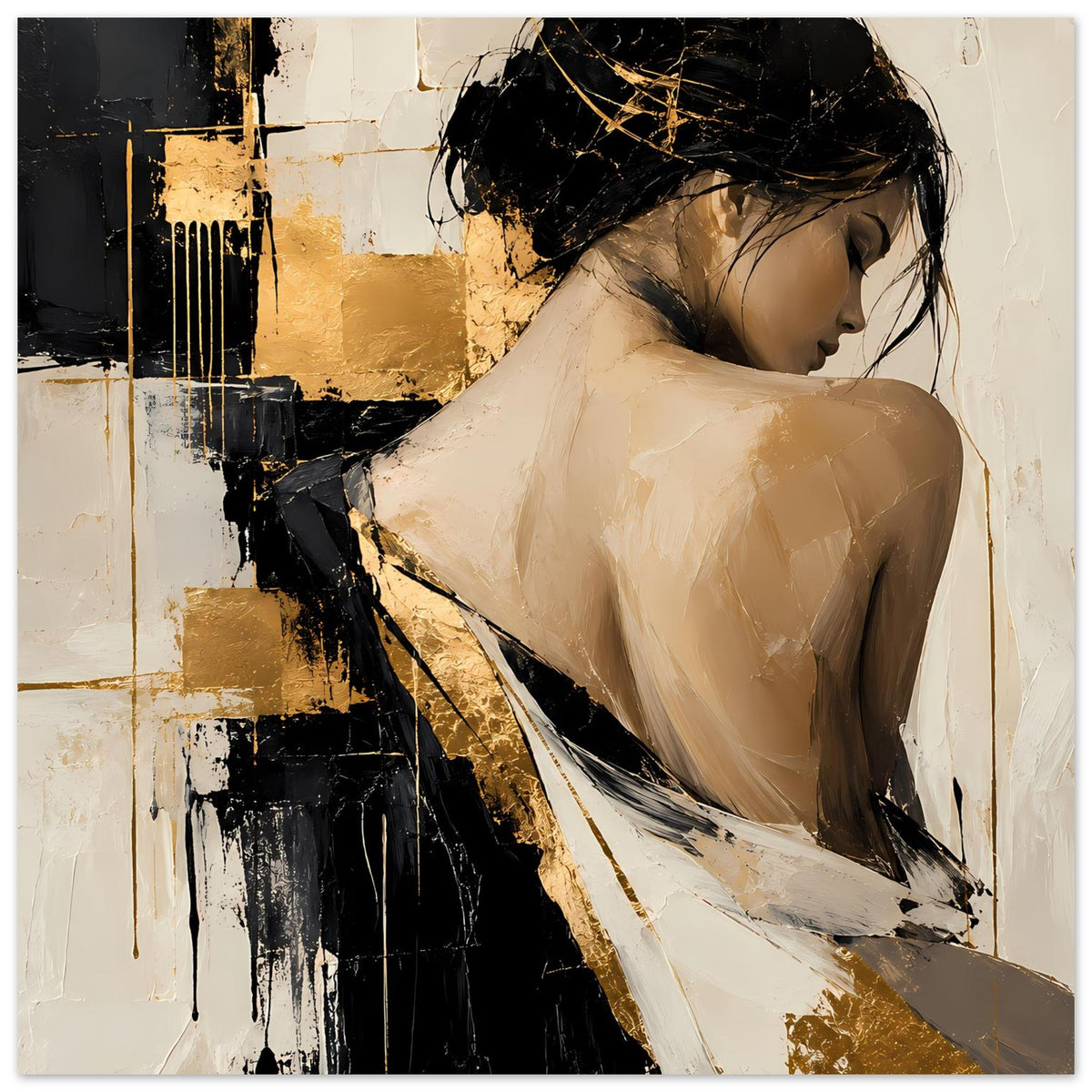 Abstraktes Damenportrait-Poster, horizontale Ansicht: Seitenprofil in Beige mit Gold- und Schwarzakzenten