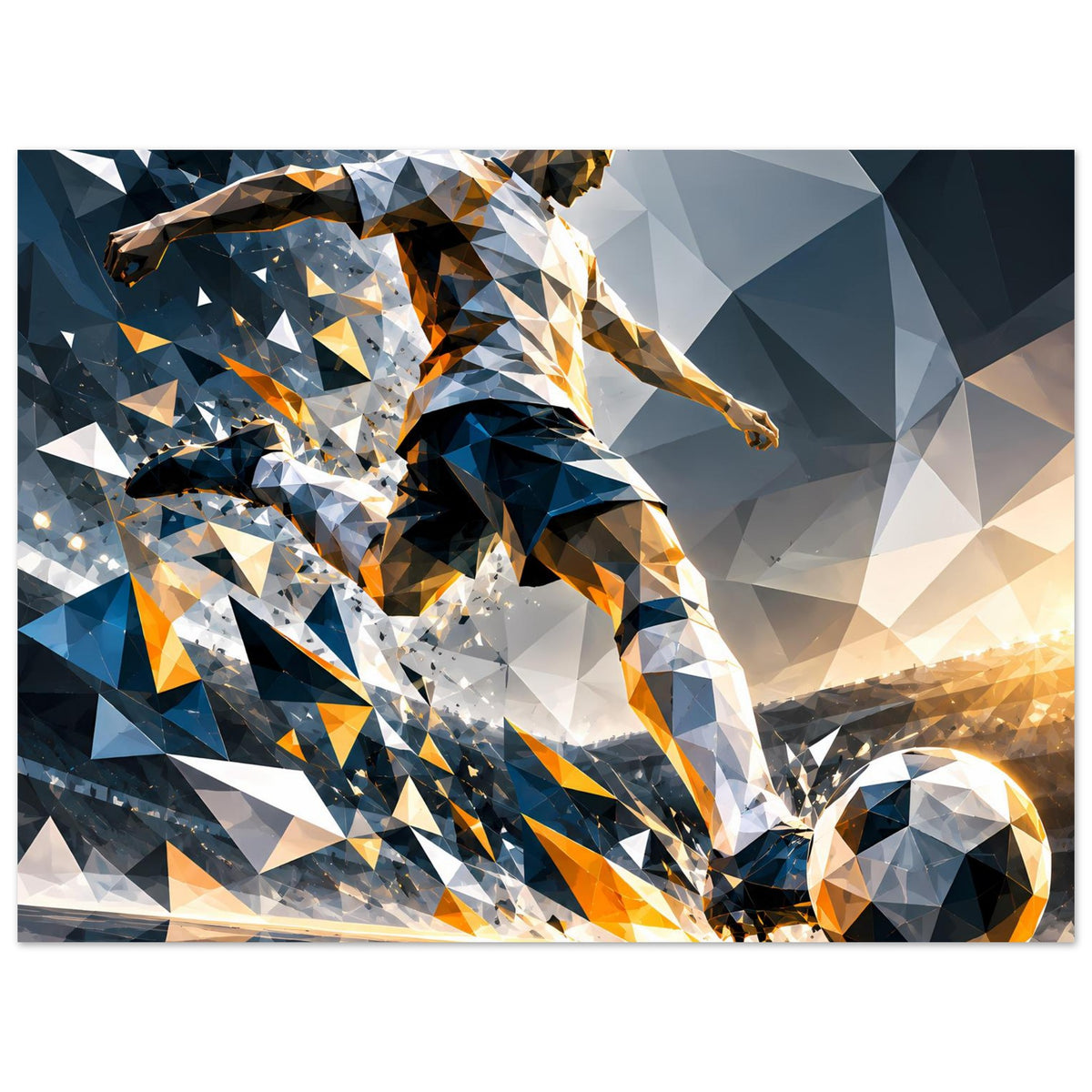 Fußballposter mit abstraktem Spieler in Blau und Orange, Low-Poly-Design mit Ball im Vordergrund