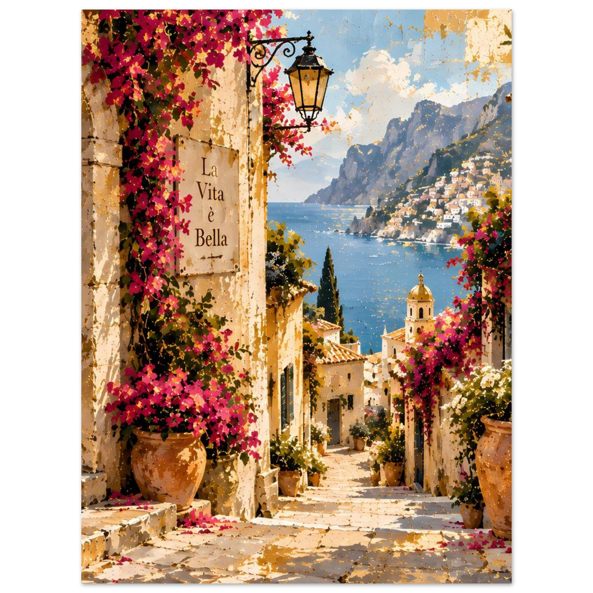 Poster einer italienischen Gasse mit Blumen, Meerblick und Bergen