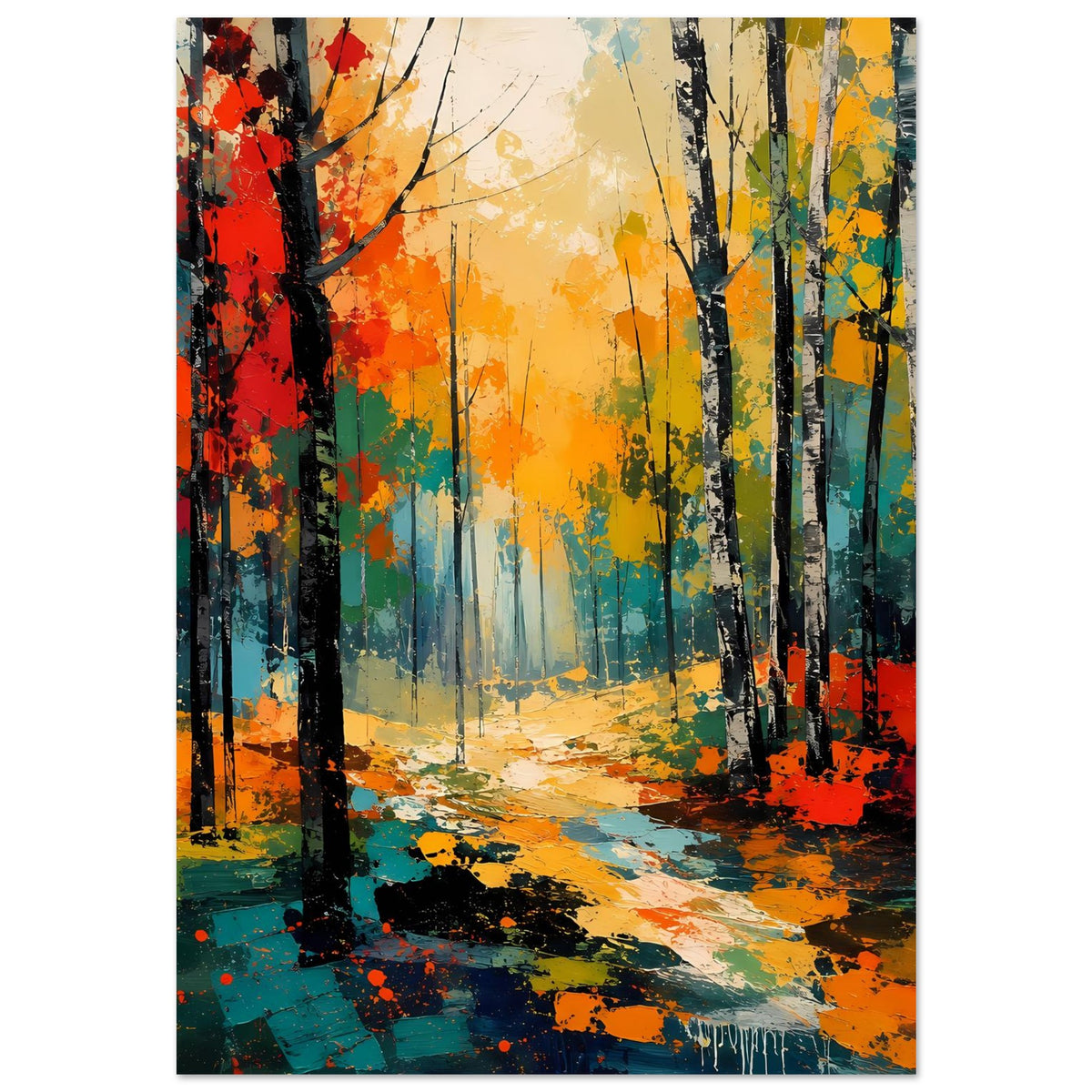 Herbstwald-Poster mit farbenfrohen Baumstämmen, leuchtendem Himmel und Waldweg