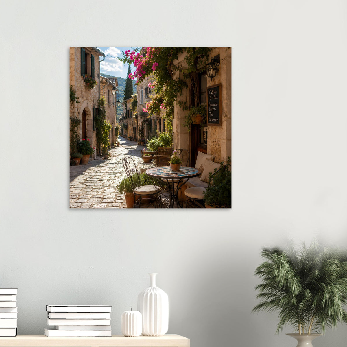 Poster mit sonniger Café-Straßenszene in enger Altstadtgasse
