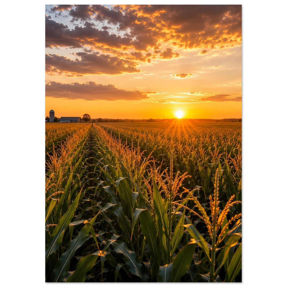 Hochformat-Poster mit Maisfeld, leuchtender Abendsonne und warmem, bewölktem Himmel