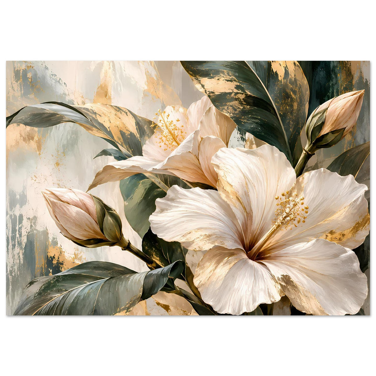 Gerahmtes Blumenposter mit weißen Blüten und beigen Blättern, grün-goldene Akzente im Motiv