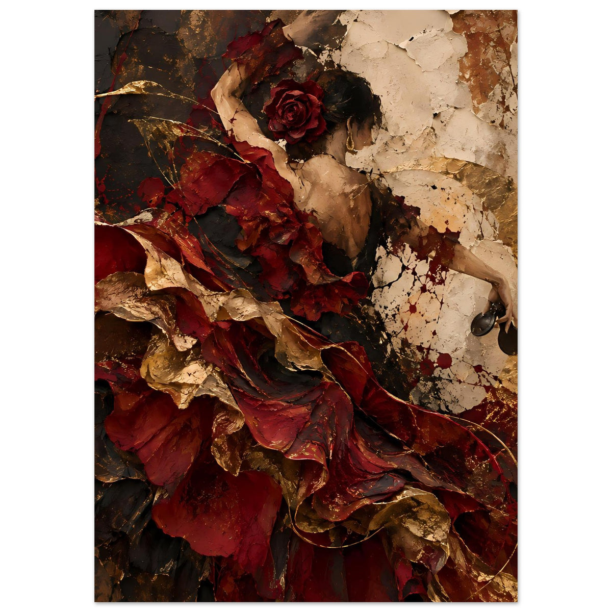 Wandkunst-Poster mit abstrakter Flamenco-Tänzerin, roter Blumenrosette und gold-braunem Hintergrund