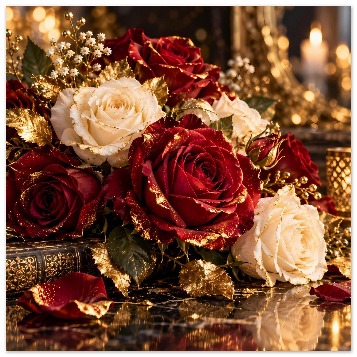 Poster mit Rosenstrauß: fünf Rosen in cremeweiß und bordeauxrot, goldene Akzente, Blütenstaub.