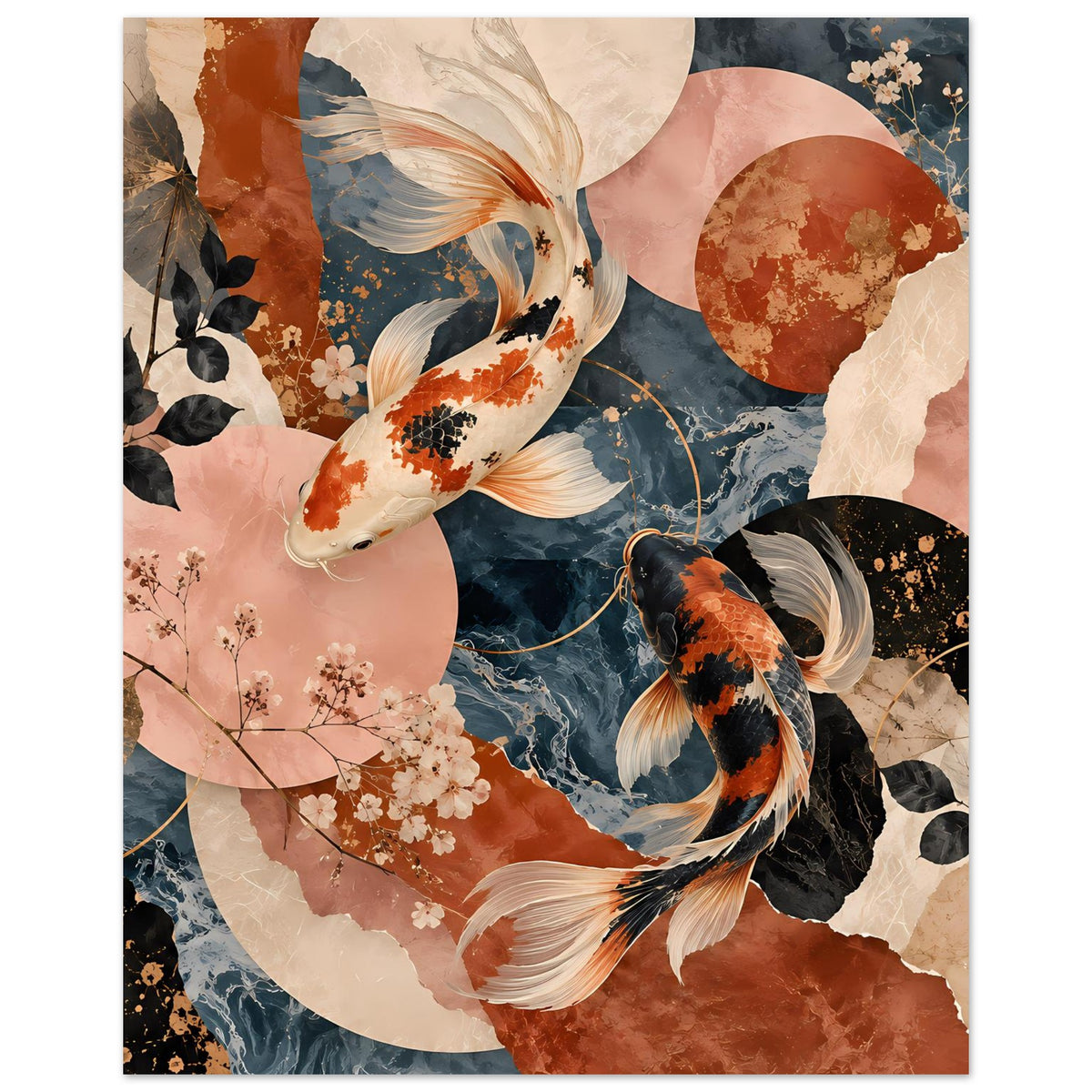 Koi-Fische Poster mit weißem und orangefarbenem Koi, schwarzer Bodengestaltung und Blau