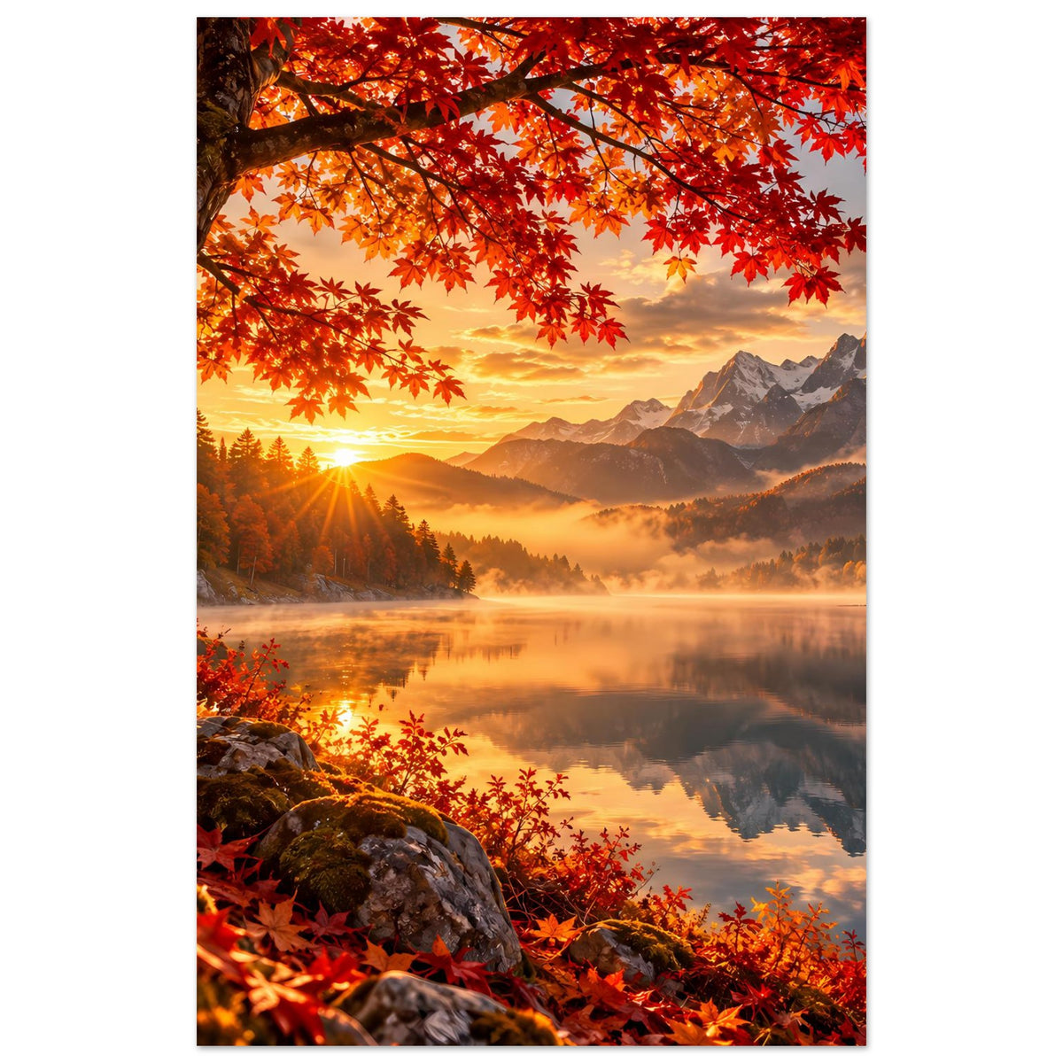 Herbstliches Sonnenaufgangs-Poster, Fokus auf Ahornzweige, Sonnenaufgang über Nebeltal und Berge