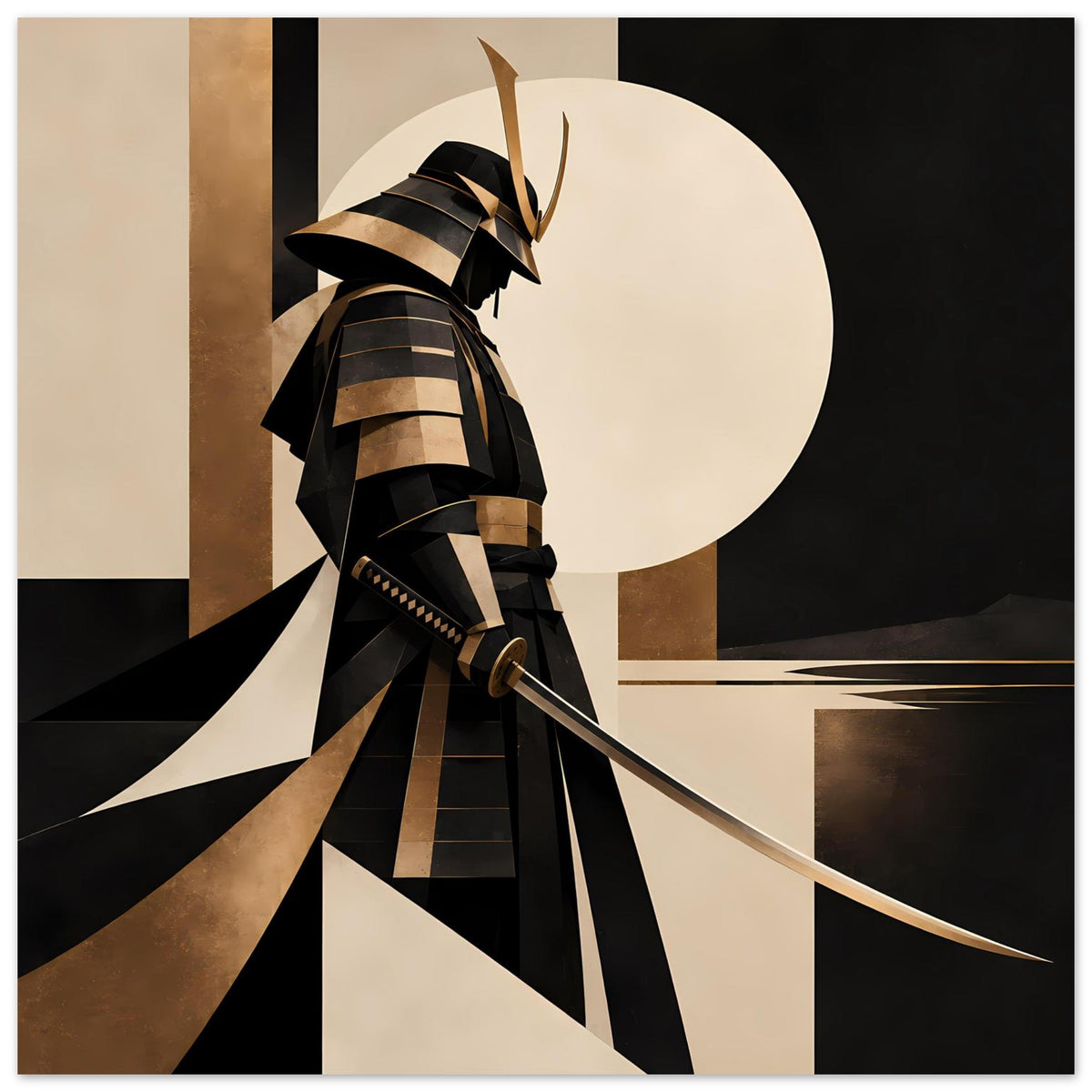 Kunstposter: Samurai-Silhouette in Schwarz-Gold mit Katana, geometrische Streifen und Formen
