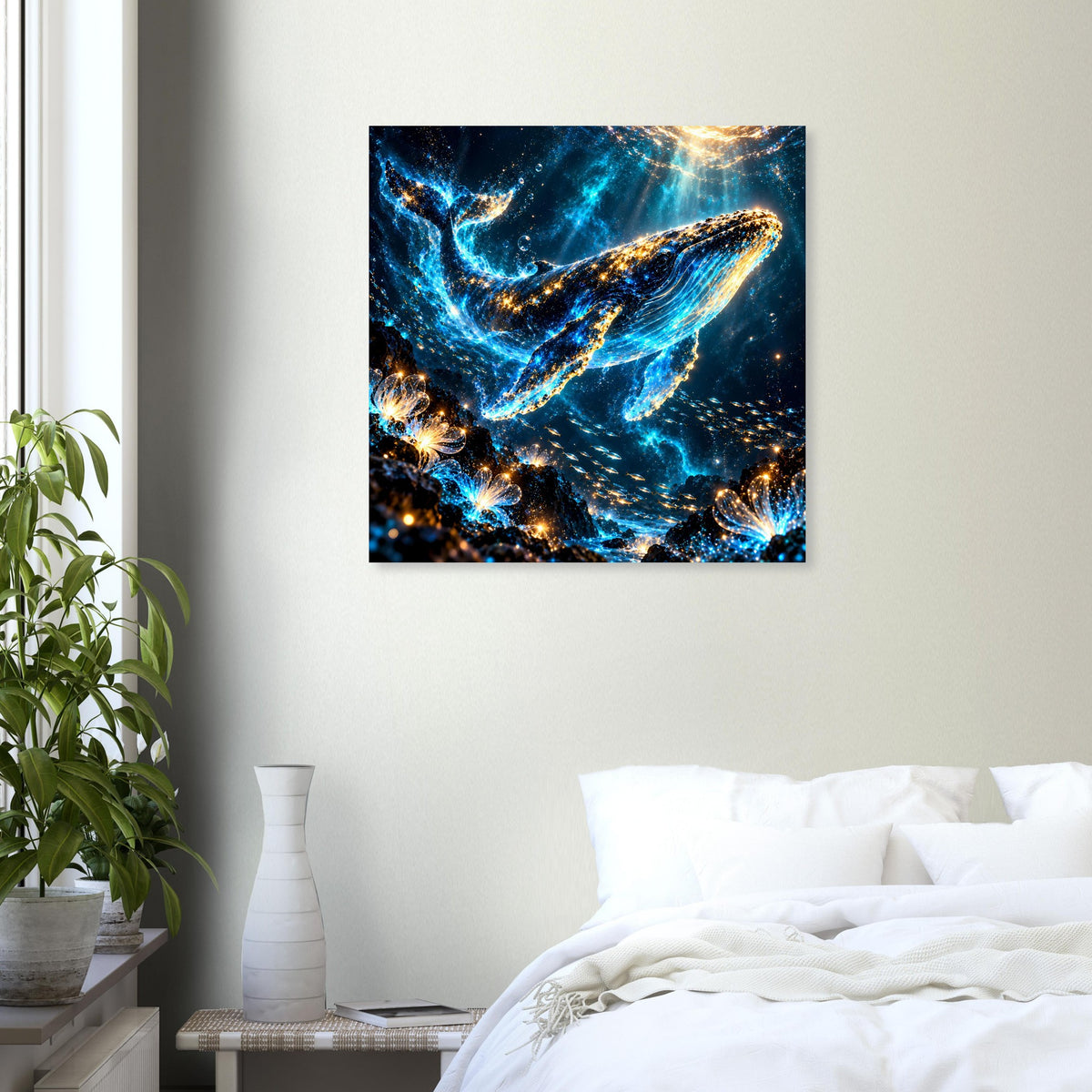 Walmeer-Poster quadratisch mit leuchtendem Blau-Goldwal und funkelnden Lichtstrahlen