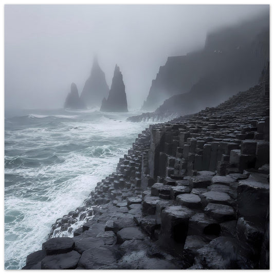 Quadratisches Poster mit Basaltsäulen am Meer und Felsnadeln im Nebel