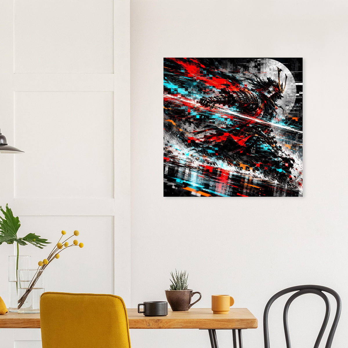 Quadratisches Poster mit Samurai-Action-Motiv: Rot, Cyan und Schwarz, oben weißer Kreis