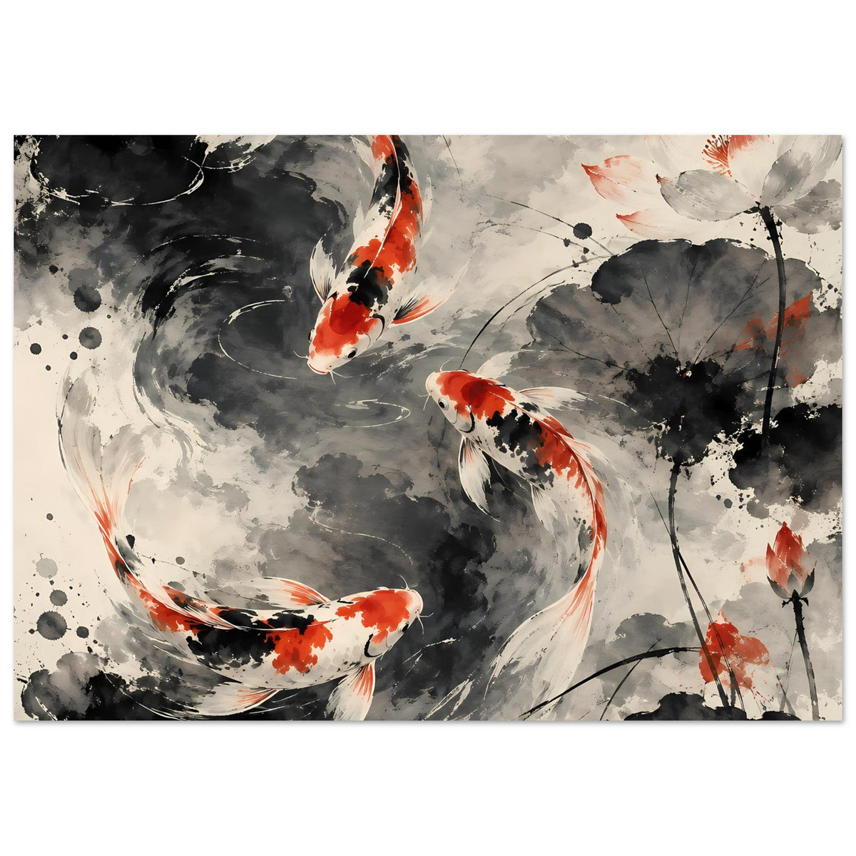 Poster mit Koi-Fischen in Schwarz-Grau und Orange, asiatischer Tusche-Textur und Blüten