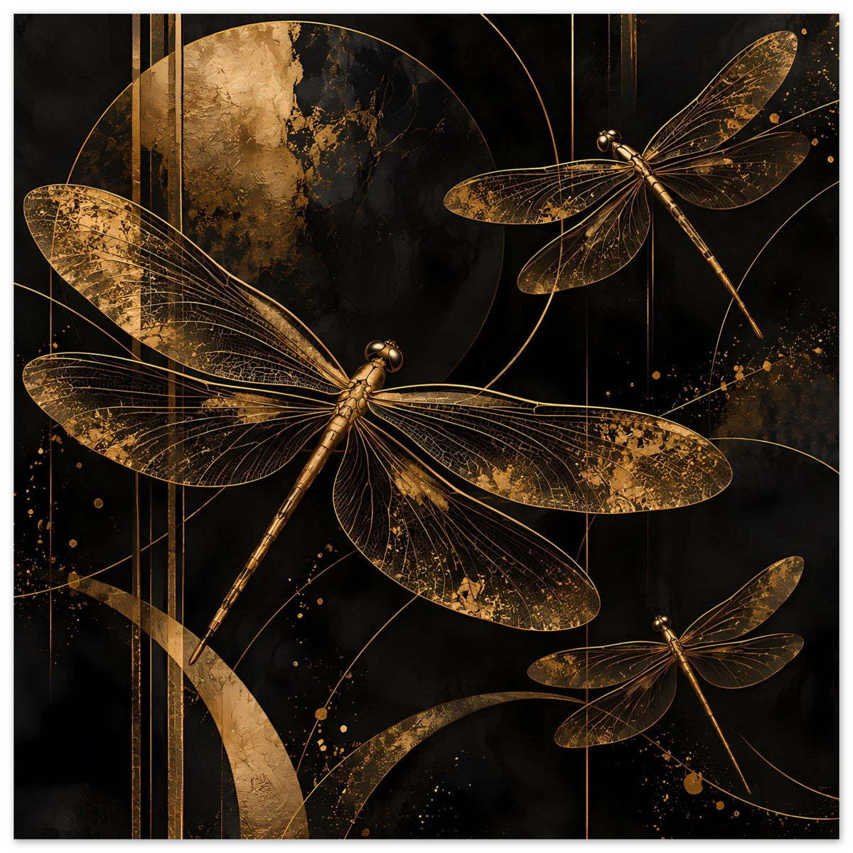 Wandposter mit goldenen Libellen, dunkles Farbmotiv mit geschwungenen Linien, gerahmt