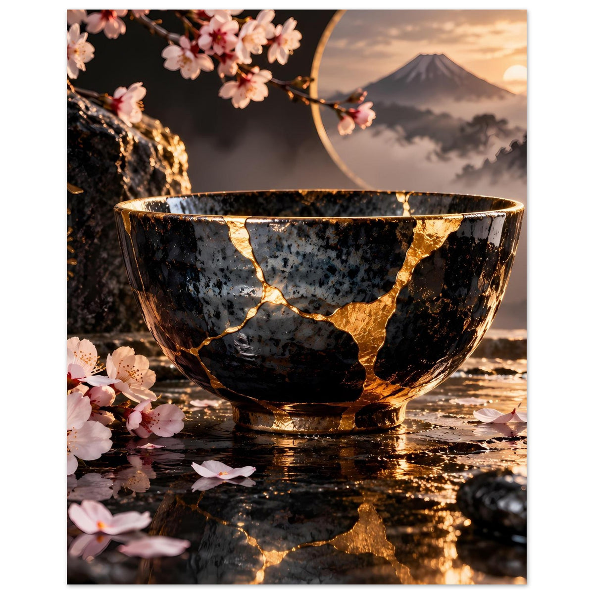 Kintsugi-Elegance-Poster: schwarze Schale mit goldenen Rissen, Kirschblüten