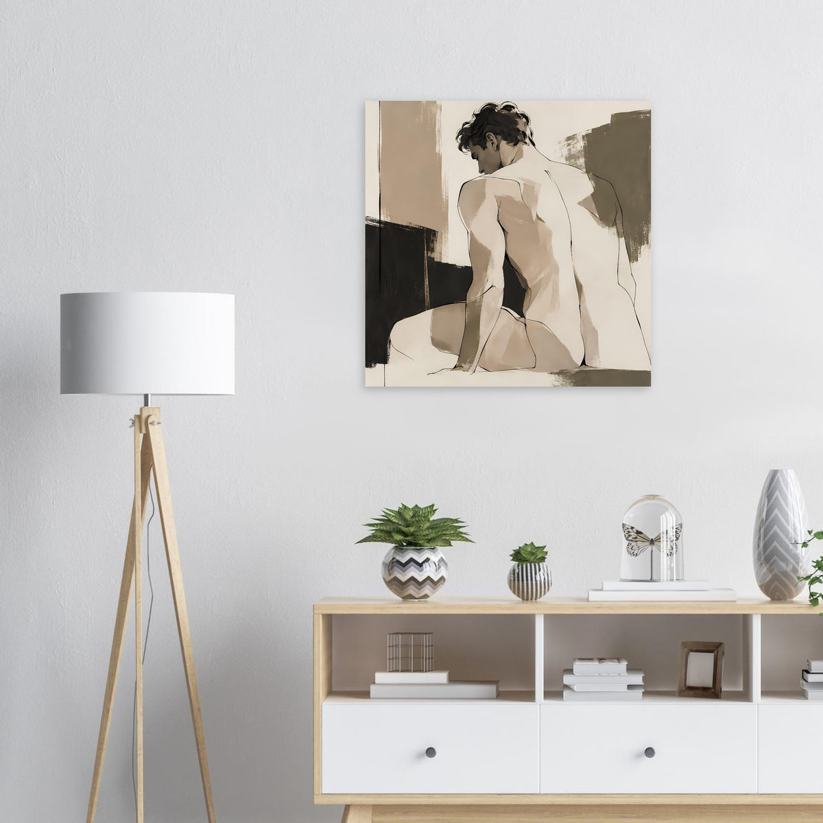Kunstdruck mit sitzender Aktfigur in Sepia und abstrakten Flächen, gerahmt