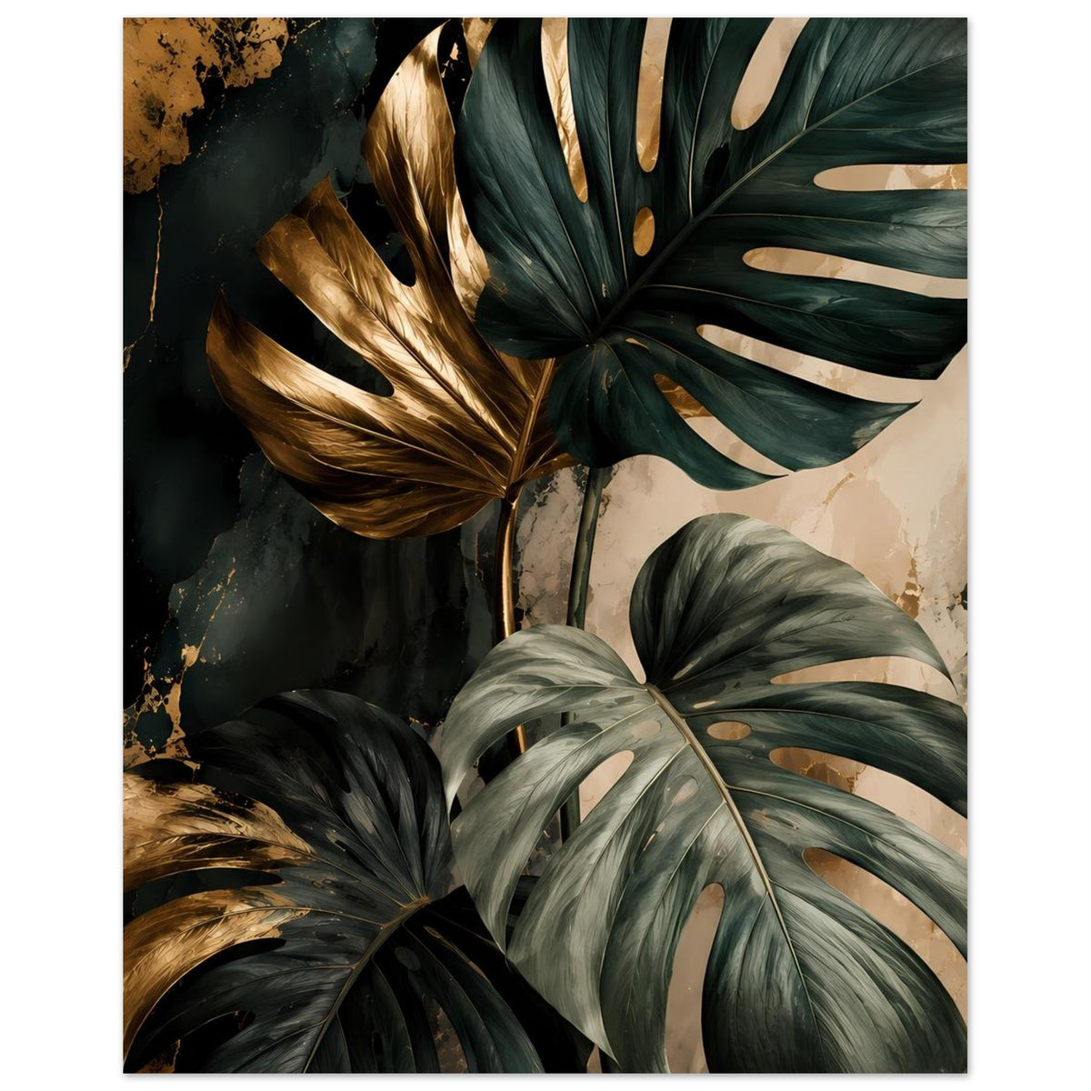 Poster: Monstera-Blätter in Dunkelgrün mit goldenen Details und beigen Spritzakzenten.