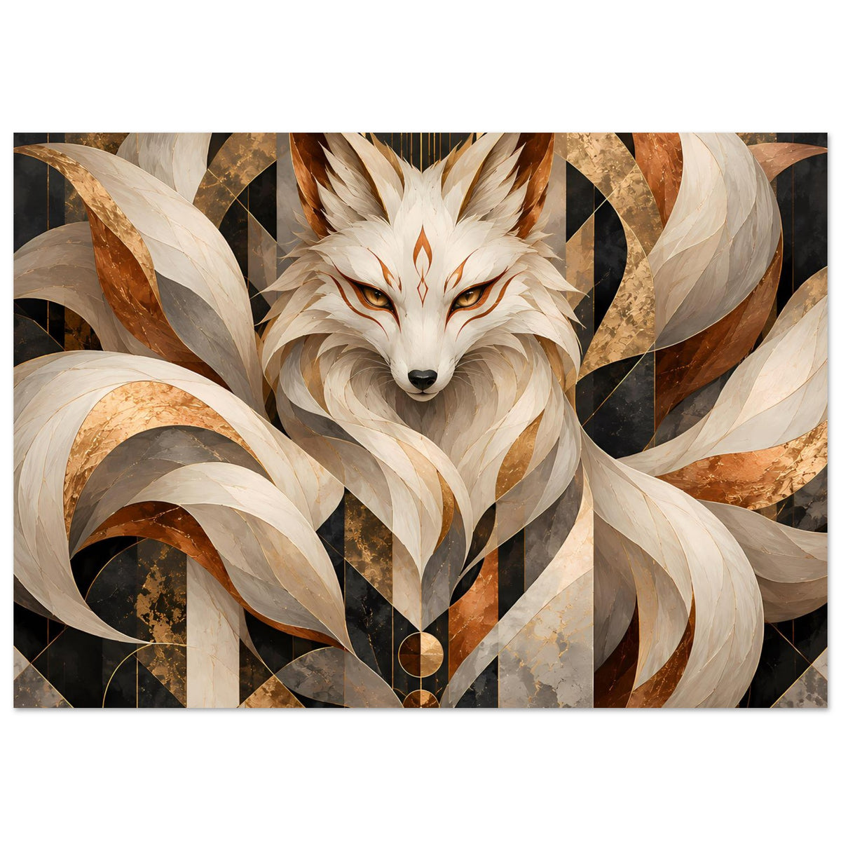 Geometrisches Poster mit Fuchs-Motiv in Erdtönen und Gold, horizontaler Ausschnitt mit Kopfbereich