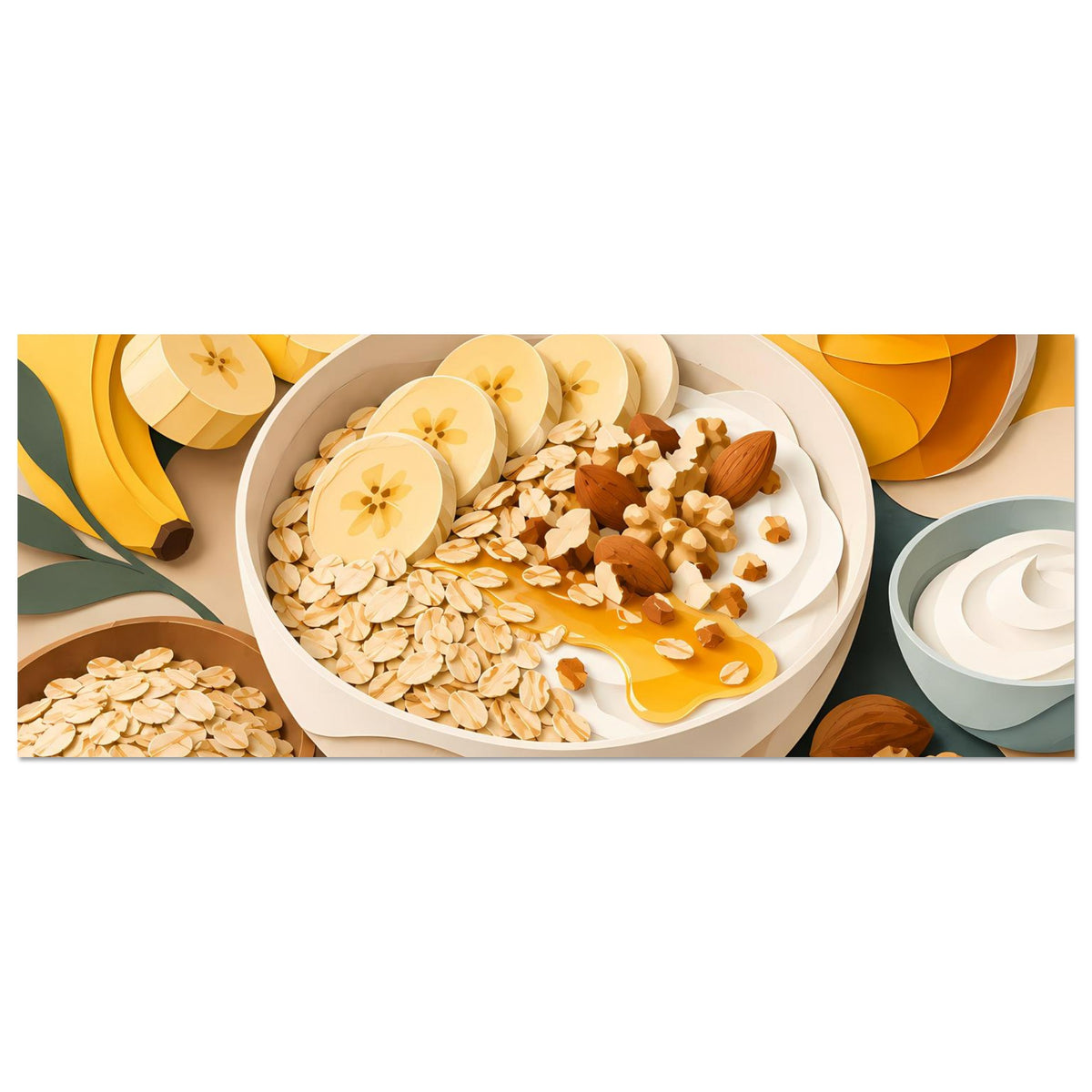 Frühstücks-Poster im Querformat mit Müsli-Schüssel und Honig, umgeben von Früchten