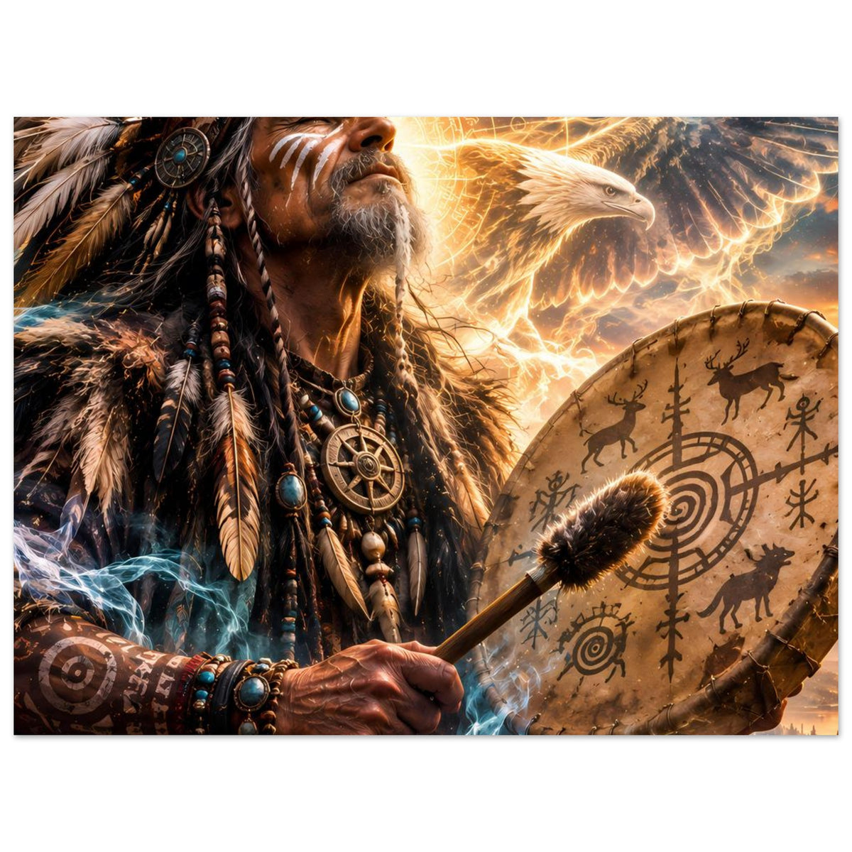 Fantasyposter, quer: Schamane mit Trommel und goldenem Adler, Runenmuster sichtbar