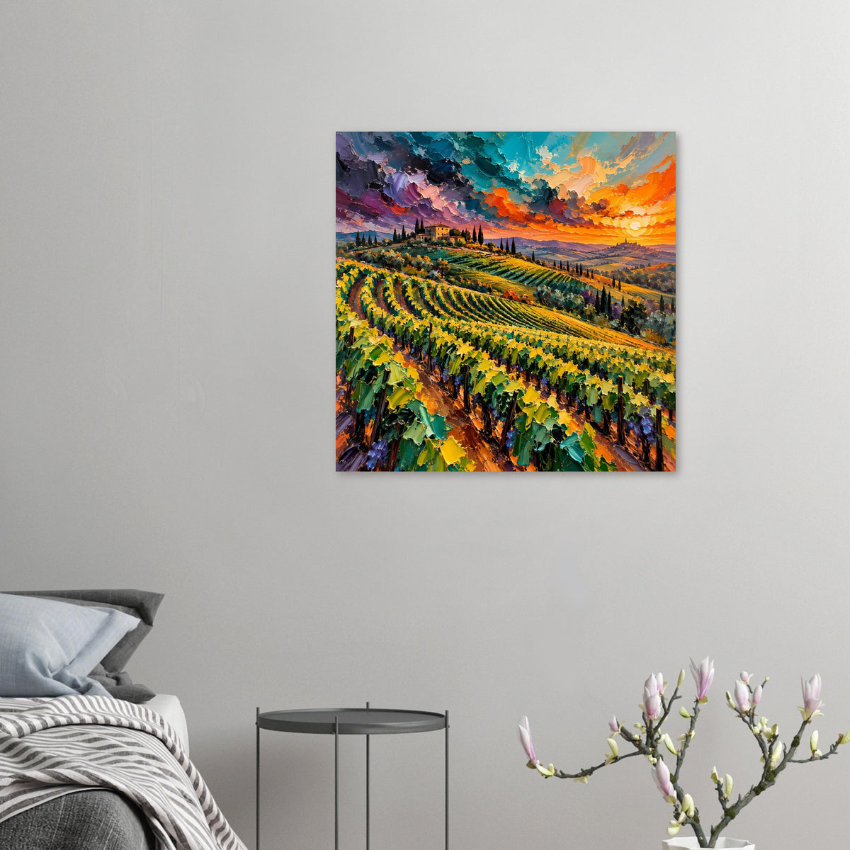 Landschaftsposter, klein an der Wand: Weinberg und Sonnenuntergang mit leuchtenden Reben