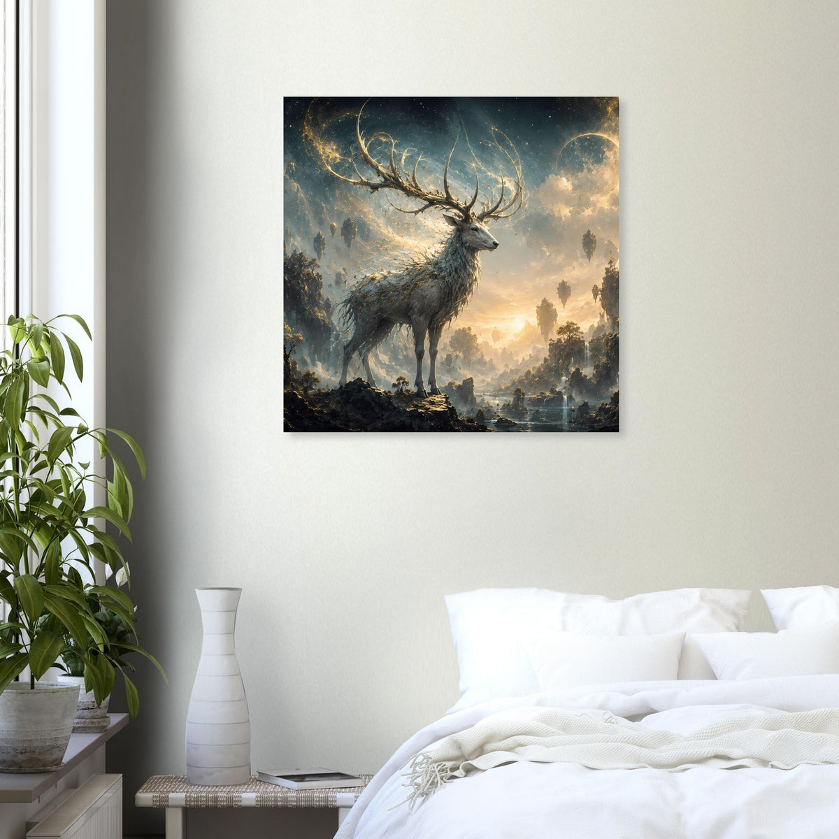 Quadratisches Fantasy-Poster mit Hirsch, Geweih und dramatischem Himmel