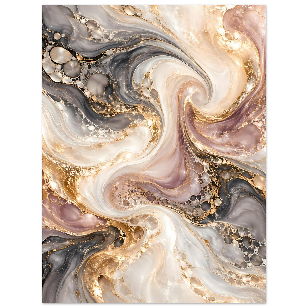 Marmor-Poster im Hochformat mit goldenen Akzenten, kontrastreiche Strudel in Grau und Creme