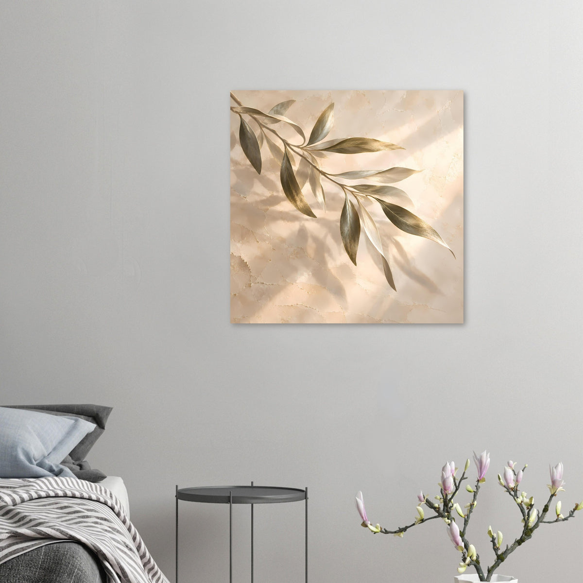 Kleiner quadratischer Poster-Print mit goldschimmerndem Olivenzweig und drei Blattzweigen