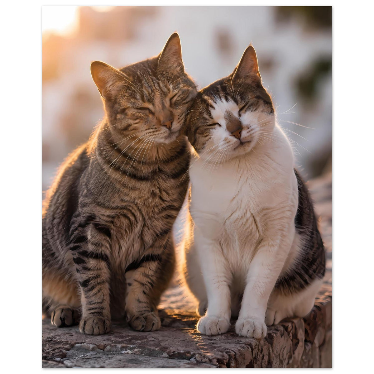 Poster im Hochformat mit zwei kuschelnden Katzen, getigert und weiß, ruhige Mimik