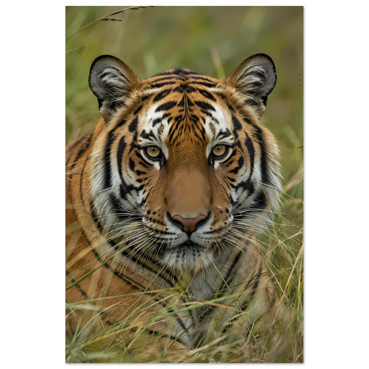 Wildtier-Poster mit Tiger im Gras, überwiegend Kopfansicht, gestreiftes orange-schwarzes Fell