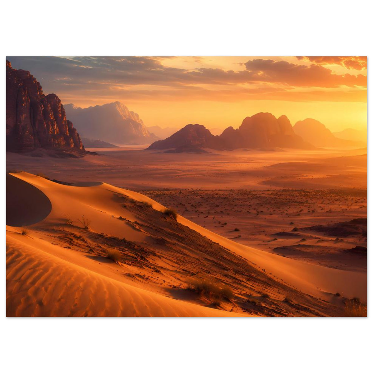 Querformat-Poster mit Wüstenlandschaft: orange Sonnenuntergang, Dünen und Felsen im Nebel