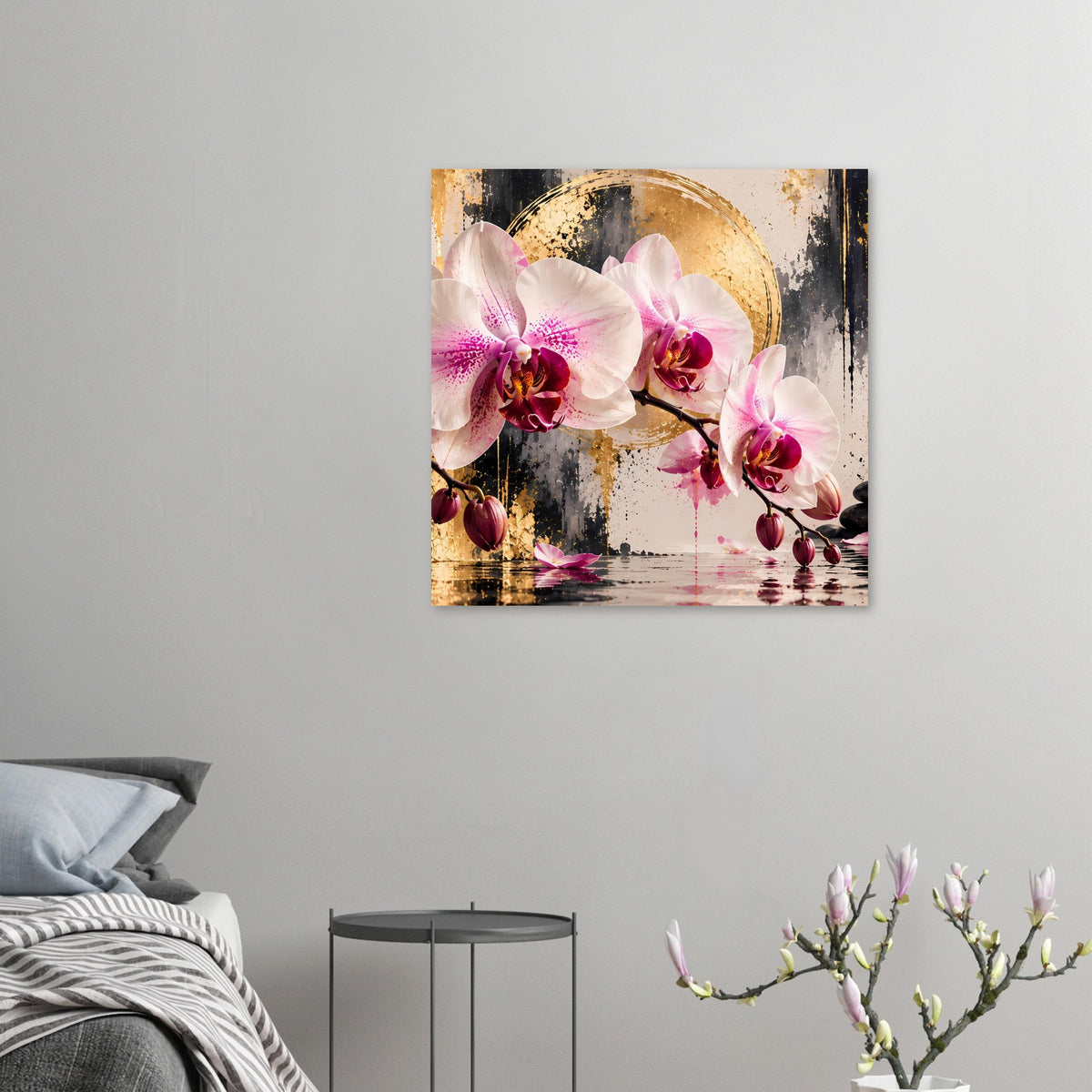 Orchideen-Poster mit goldener Kreisfläche, rosafarbene Blütenzweige und dunkler Rand