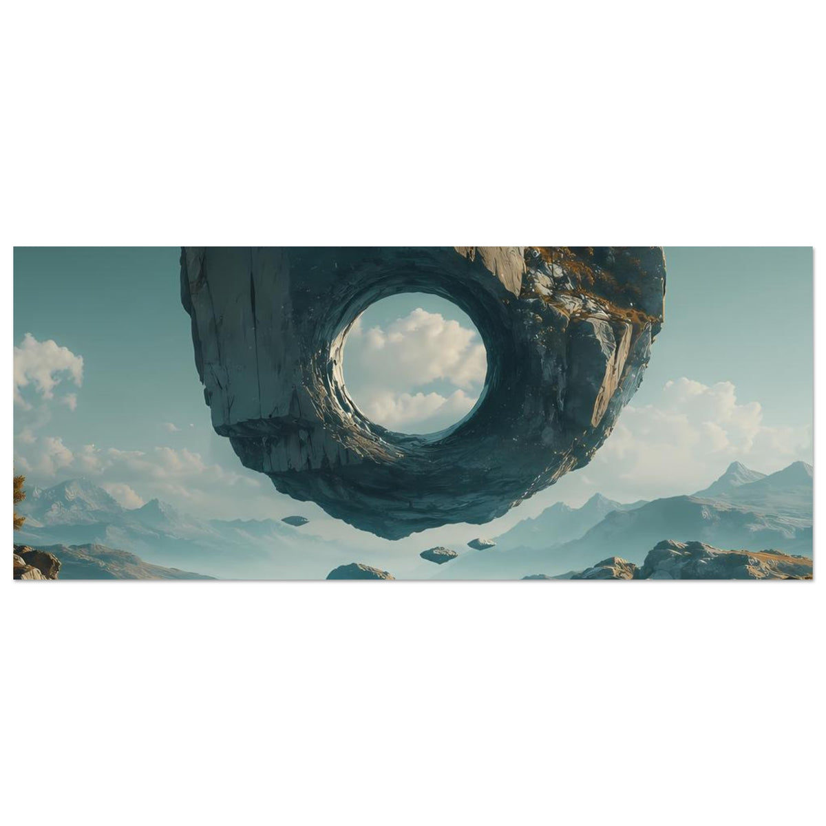 Surreales Poster im Querformat: schwebender Felsring über See mit rundem Loch