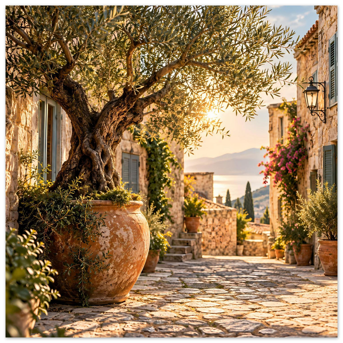 Mediterranes Poster: Olivenbaum, Terrakottatopf und Gasse mit Laterne und Blumen