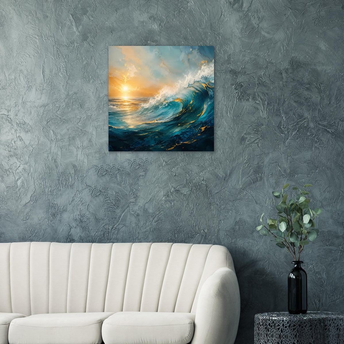 Poster mit Ozeanwellen, Sonnenaufgang und blau-goldenem Farbverlauf