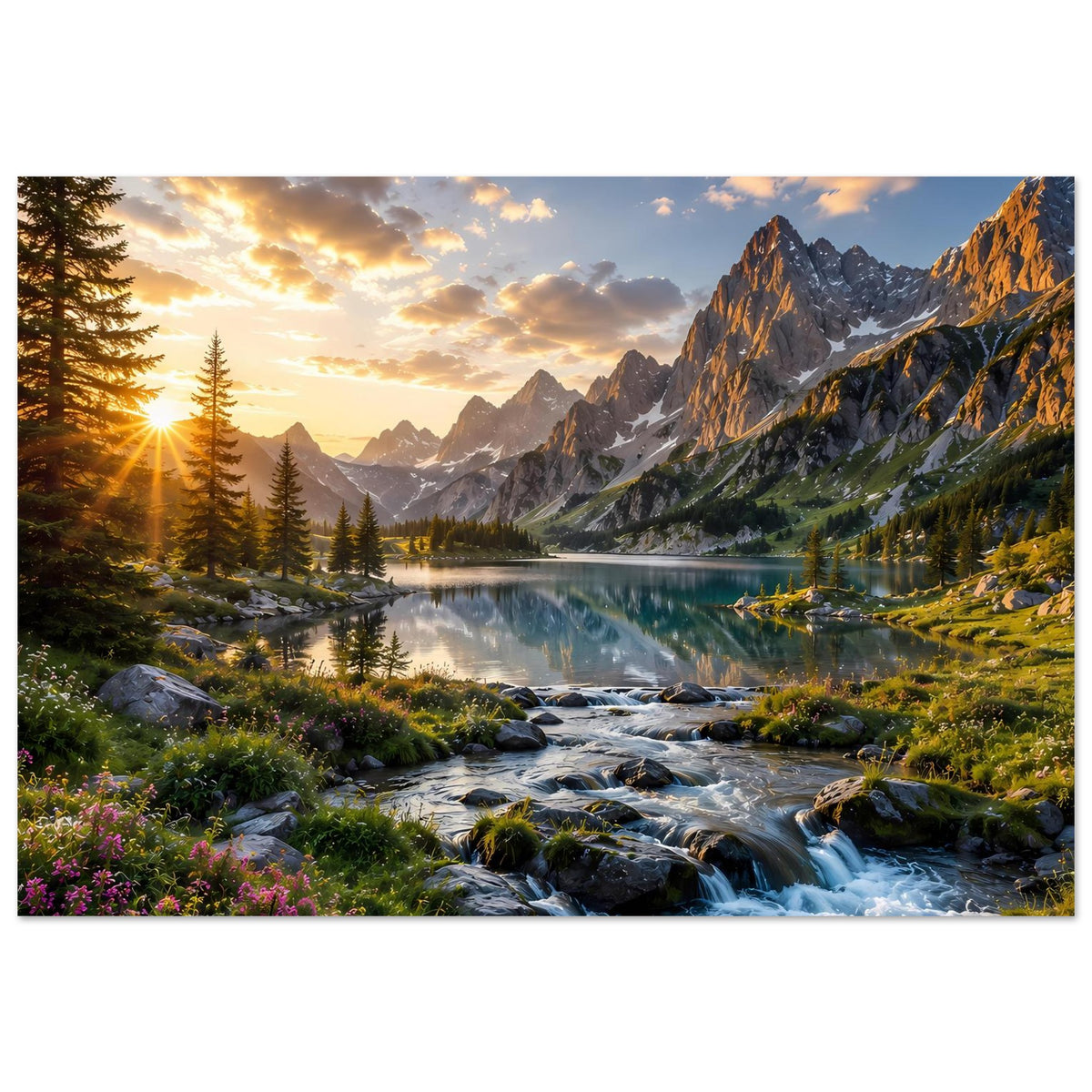 Poster im Querformat: Sonnenaufgang über Bergsee mit Bach und Bergkette